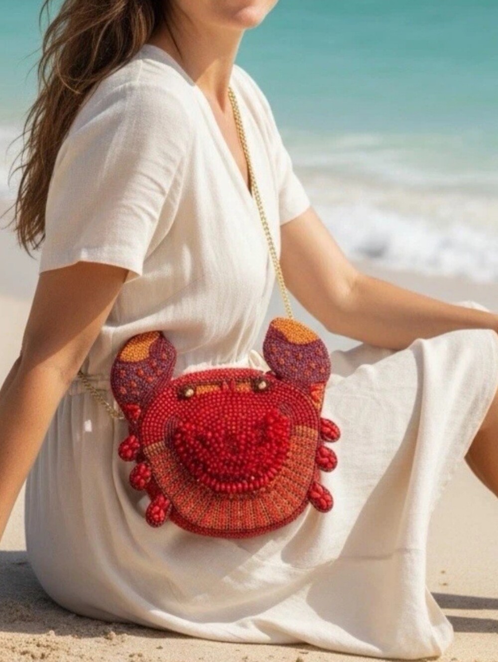 Handcrafted in India Red Crab Gold Eyes Beaded Crossbody Bag Tiktok Viral - Picture 2 of 7